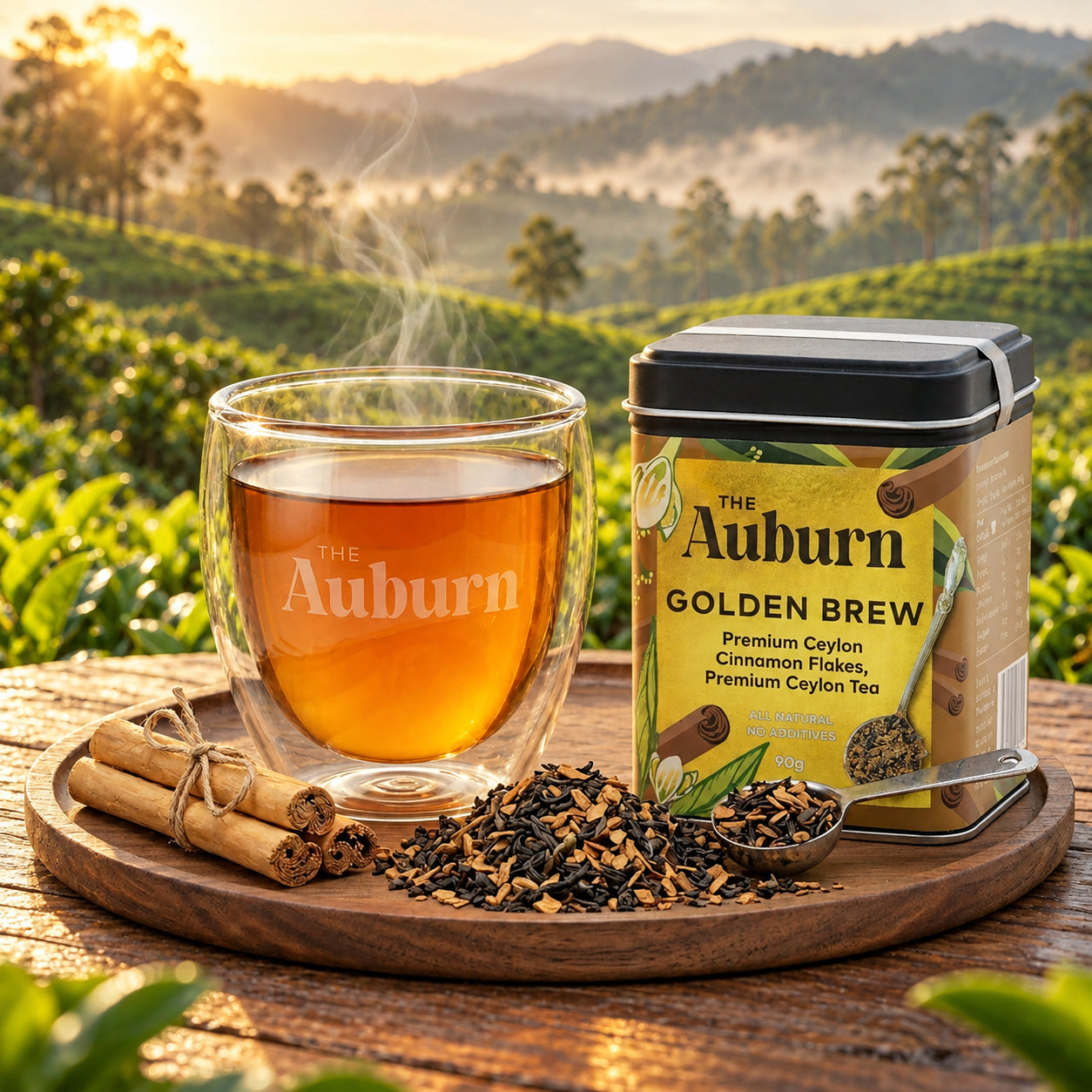 Golden Brew tin beside a glass cup of brew, cinnamon quills and Ceylon tea leaves on a wooden board