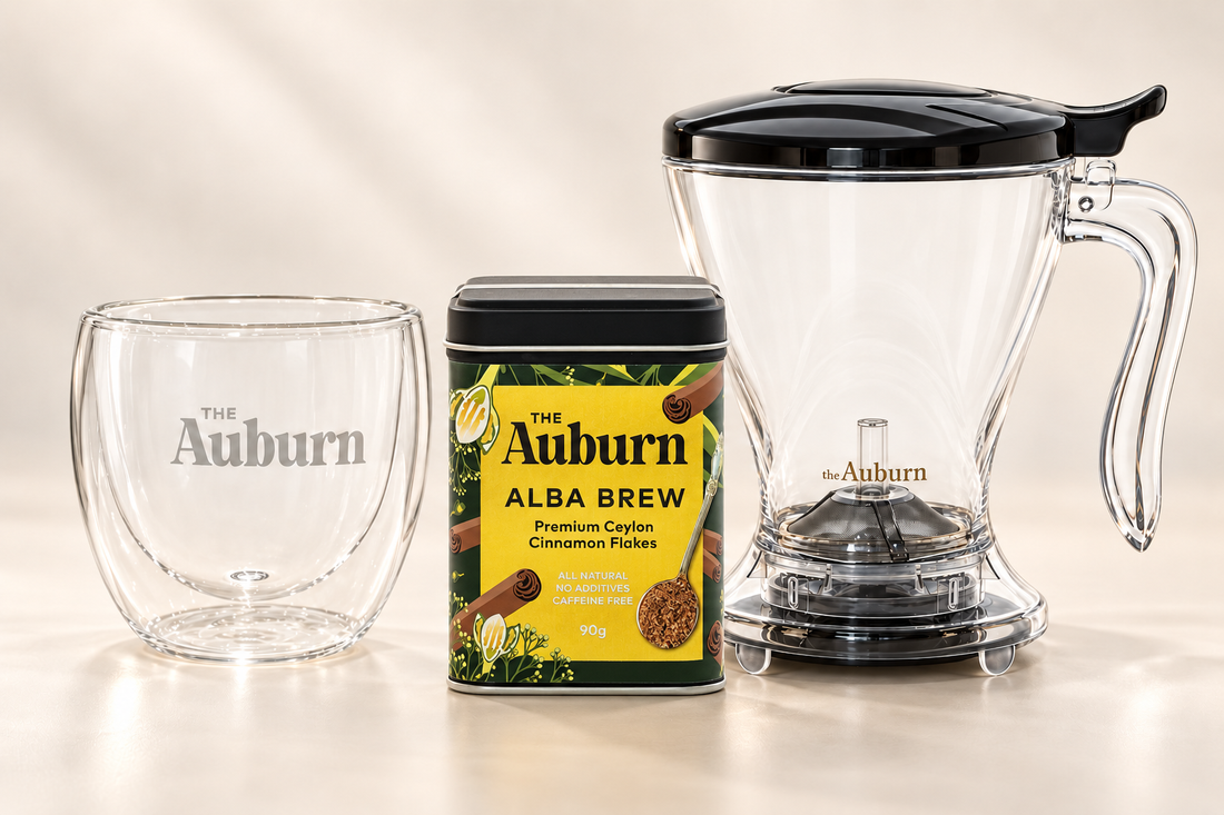 The Alba Brew Set: a 90g tin of Alba Brew, the Brew Maker Jug and the Auburn Brew Glass Mug