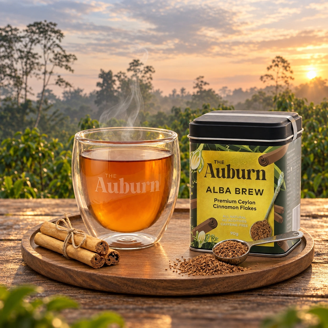 Alba Brew 90g tin beside a glass cup of cinnamon brew on a wooden board