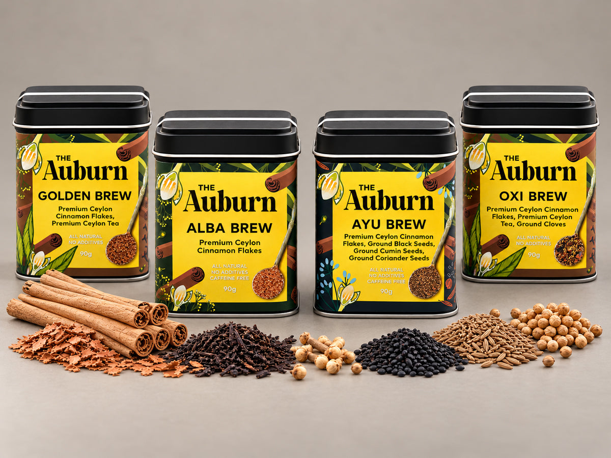 The four Auburn brew tins with cinnamon quills and spices